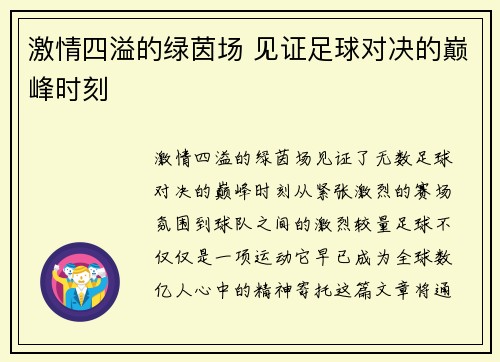 激情四溢的绿茵场 见证足球对决的巅峰时刻