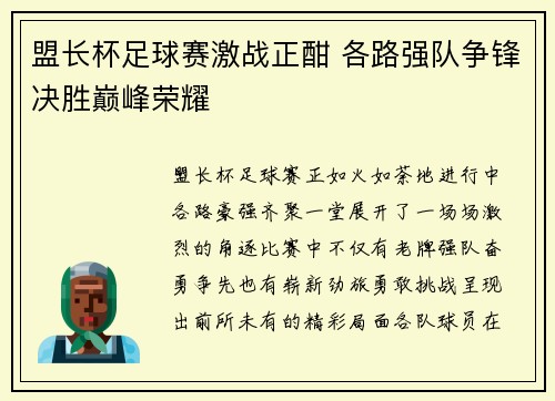 盟长杯足球赛激战正酣 各路强队争锋决胜巅峰荣耀